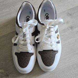 GBG White & Brown Monogram Lace-Up Sneakers